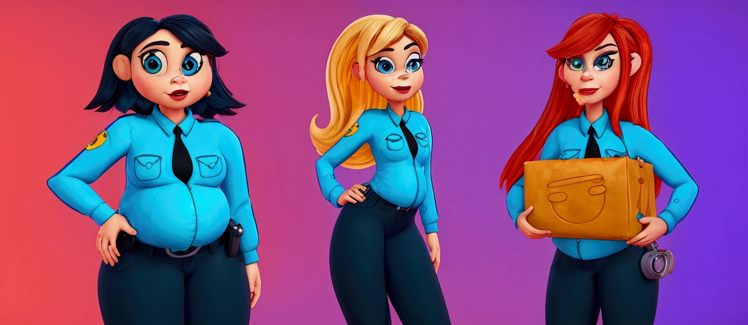 3 female police characters, the first has a positive pregnancy test in her pocket, and the third has a box of baby diapers! stylized character, animation style rendering, 3d stylized, Arnold Maya rendering, Stylized 3D rendering, toon render screenshot, 3d character, 3d character, Stylized 3D rendering, 3D character rendering, cartoon character, Personagem de close up, character posing, (Pixar-style) (master part:1.2) (bokeh) (best qualityer) (skin detailed) (detailed texture) (8k) (Argilla) (cinematic lighting) (sharp focus