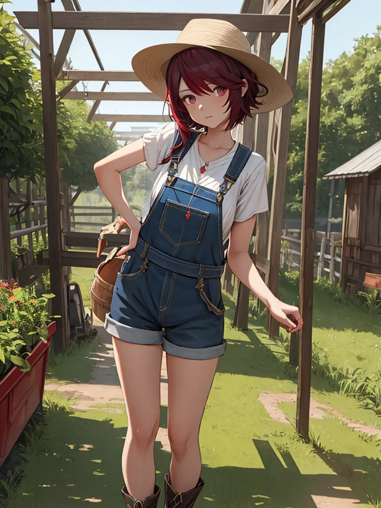 Rosaria from Genshin impact game, 1woman, as a farm woman, wearing farm outfit with overalls and hat, at a farm, dark red short hair style, pale skin, 8k, high detailed, high quality, full body