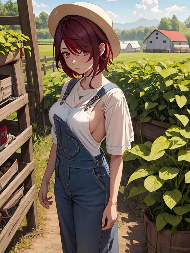 Rosaria from Genshin impact game, 1woman, as a farm woman, wearing farm outfit with overalls and hat, at a farm, dark red short hair style, pale skin, 8k, high detailed, high quality, full body