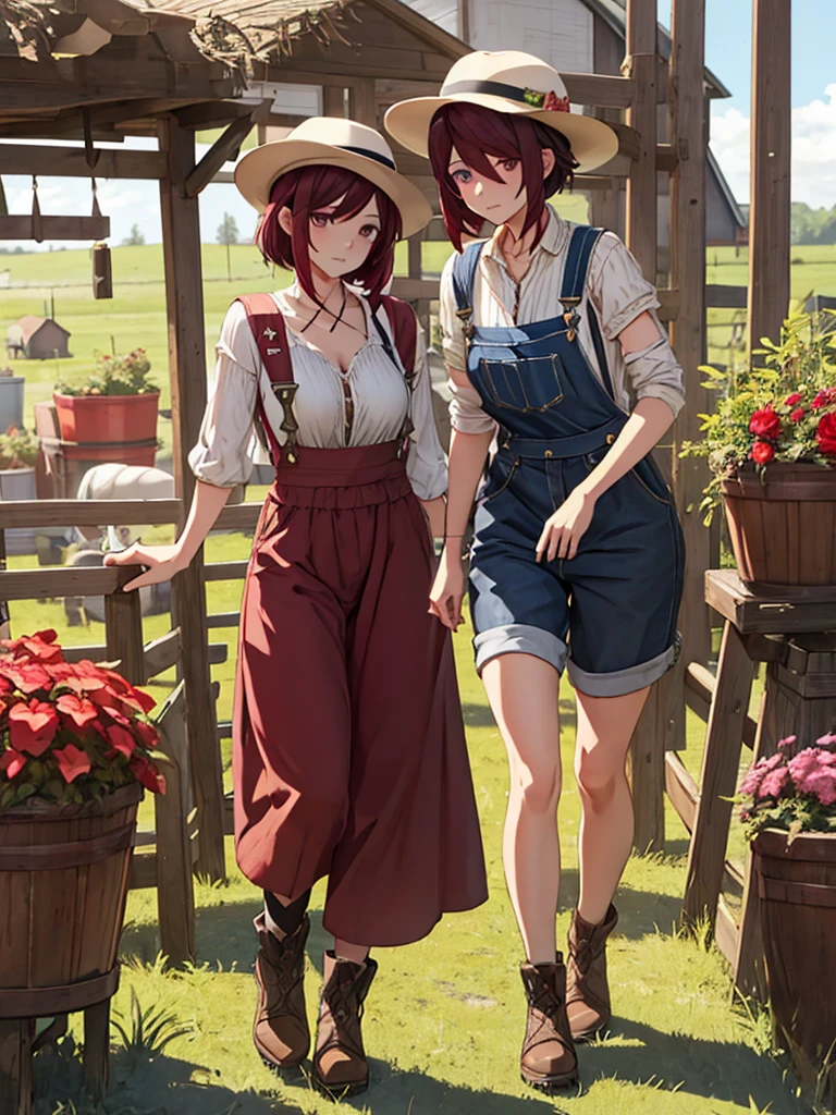 Rosaria from Genshin impact game, 1woman, as a farm woman, wearing farm outfit with overalls and hat, at a farm, dark red short hair style, pale skin, 8k, high detailed, high quality, full body