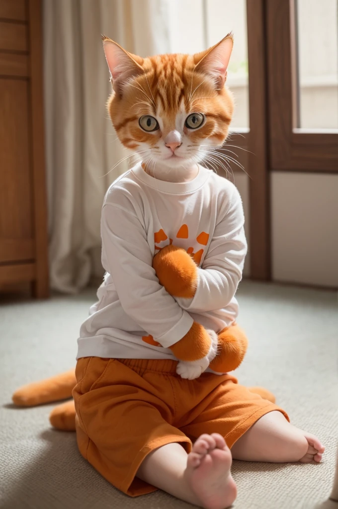 Create an orange and white cat inside a &#39;s crib without a  in an all-white room with no furniture.