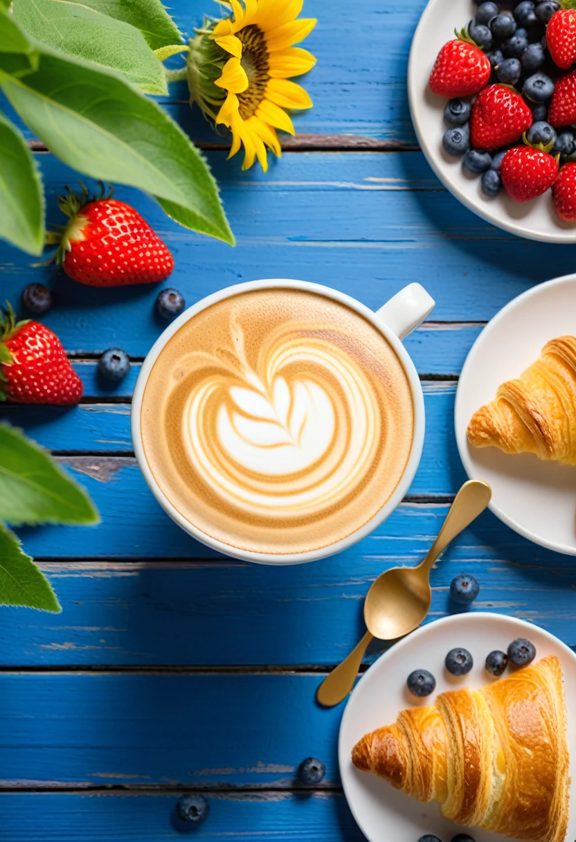 Create an image featuring a vibrant breakfast scene with a focus on a large,first person view, patterned cup of cappuccino with intricate latte art on top. Accompany the cup with a golden-brown, flaky croissant to its right. Scatter an assortment of fresh berries, including strawberries and blueberries, across the foreground on a rich blue wooden surface. Include sunflowers and greenery in the background to add a lively and rustic charm to the composition.