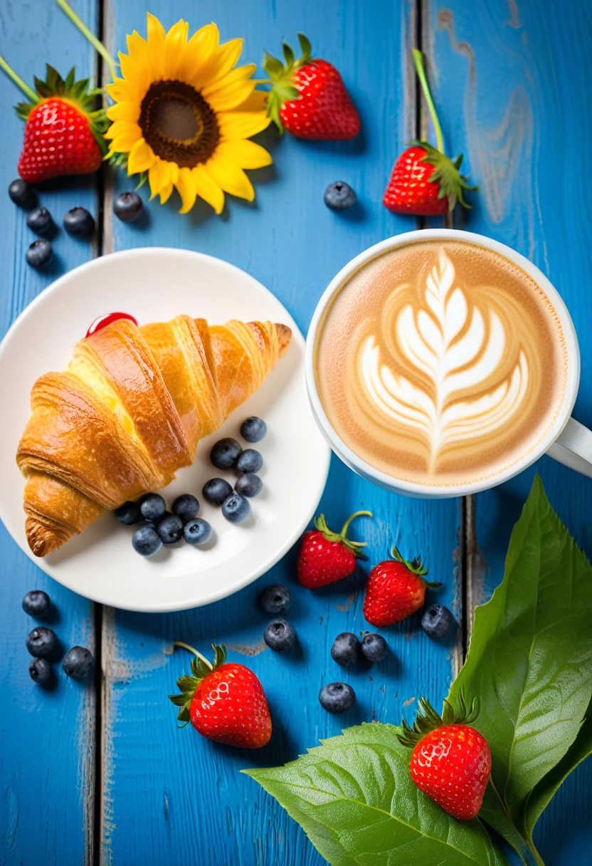Create an image featuring a vibrant breakfast scene with a focus on a large,first person view, patterned cup of cappuccino with intricate latte art on top. Accompany the cup with a golden-brown, flaky croissant to its right. Scatter an assortment of fresh berries, including strawberries and blueberries, across the foreground on a rich blue wooden surface. Include sunflowers and greenery in the background to add a lively and rustic charm to the composition.