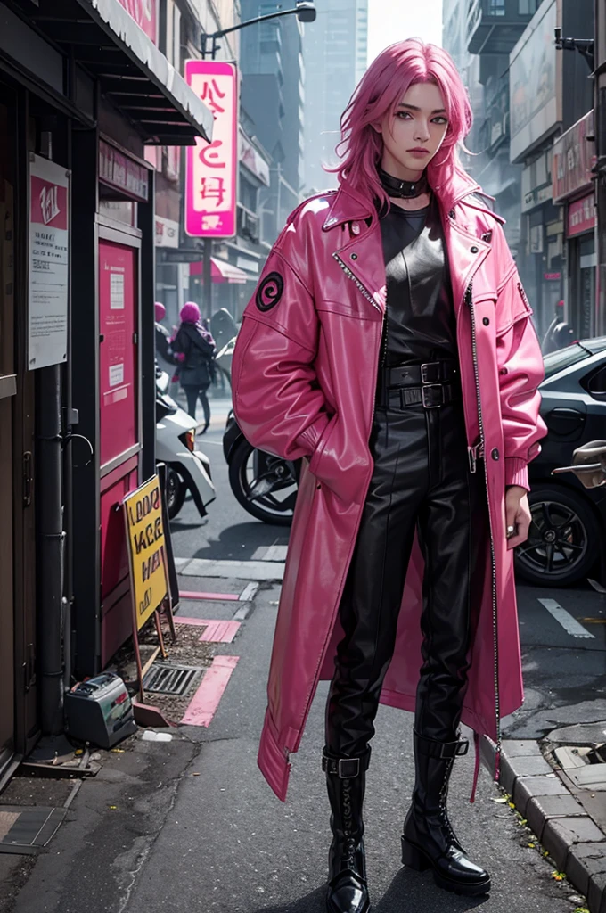 Young man, mid-length magenta hair, light green eyes, long eyelashes, flowing maskara, leather clothing, fluorescent pink jacket, post-apocalypse cyberpunk style, leather boots.