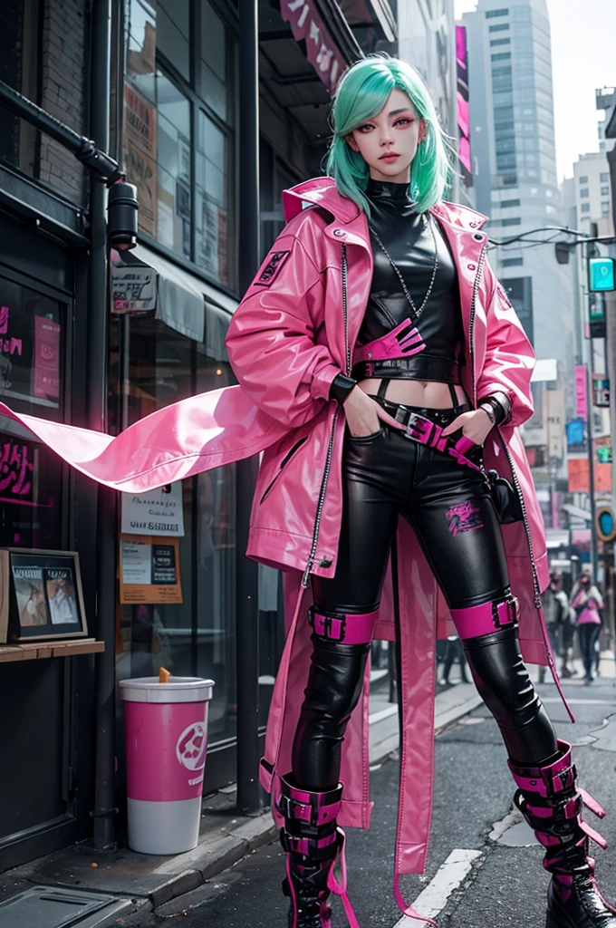 Young man, mid-length magenta hair, light green eyes, long eyelashes, flowing maskara, leather clothing, fluorescent pink jacket, post-apocalypse cyberpunk style, leather boots.