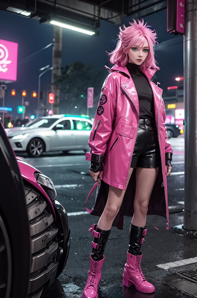 Young man, mid-length magenta hair, light green eyes, long eyelashes, flowing maskara, leather clothing, fluorescent pink jacket, post-apocalypse cyberpunk style, leather boots.