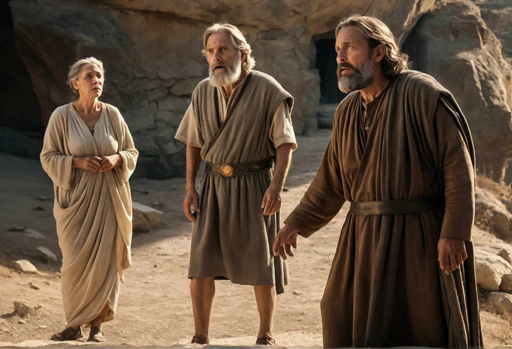 a king, with beard, apparent age of 50 years, looking amazed, scared, focusing on her face, looking at another man, looking 50 years old, desolated, with leg deformity, focus on deformed legs. ancient scenery, time before Christ.