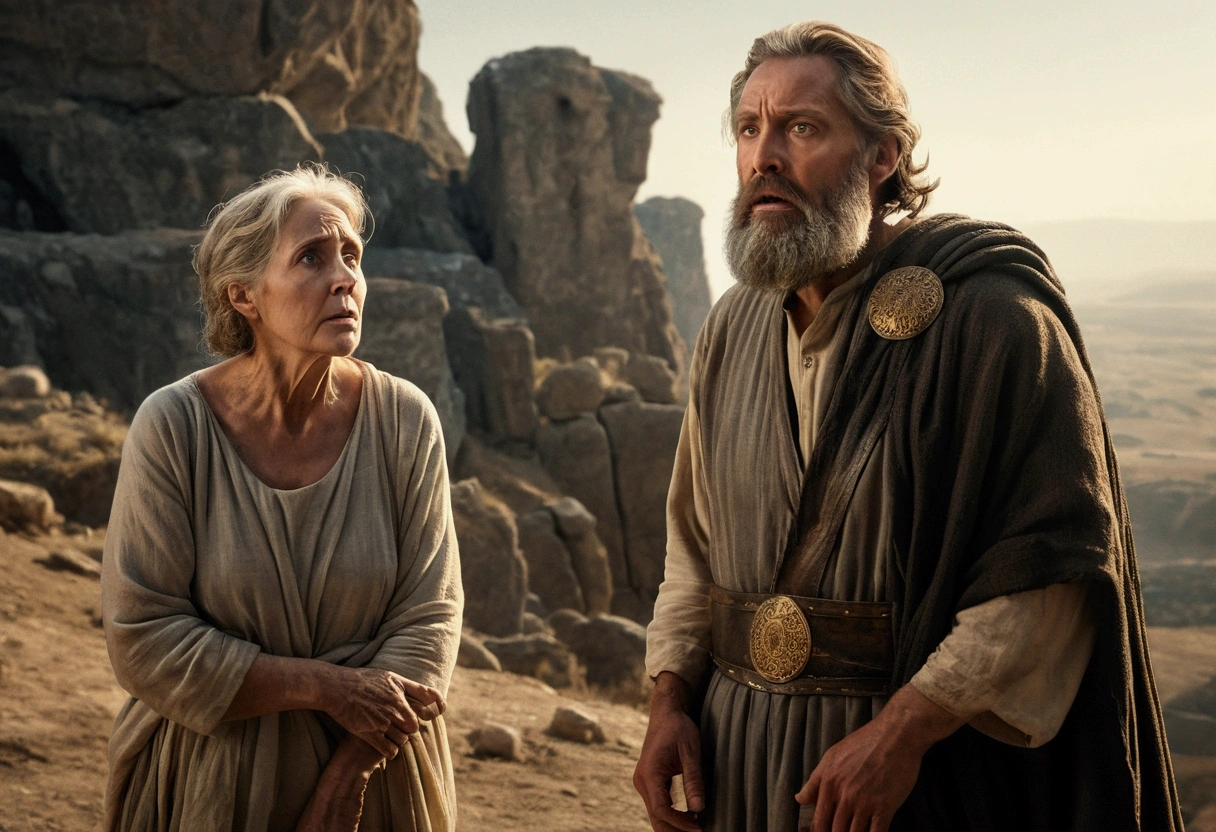 a king, with beard, apparent age of 50 years, looking amazed, scared, focusing on her face, looking at another man, looking 50 years old, desolated, with leg deformity, focus on deformed legs. ancient scenery, time before Christ.