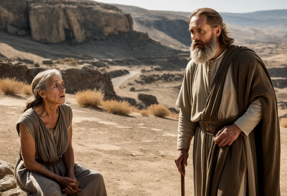 a king, with beard, apparent age of 50 years, looking amazed, scared, focusing on her face, looking at another man, looking 50 years old, desolated, with leg deformity, focus on deformed legs. ancient scenery, time before Christ.