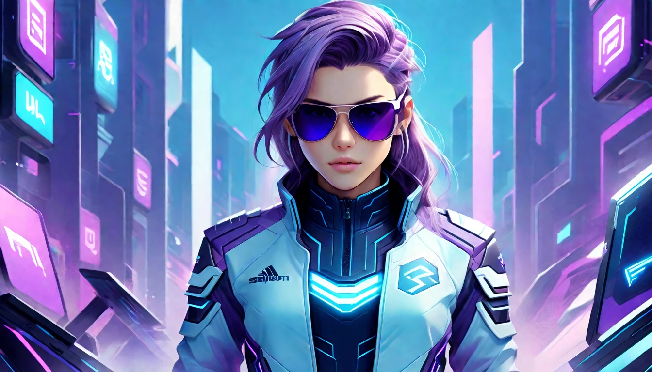 a character with an e-sport player look, using shades of blue and purple