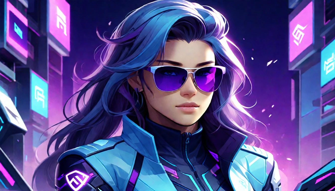 a character with an e-sport player look, using shades of blue and purple