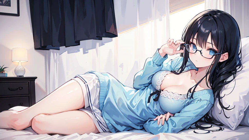 young girl, casual clothes, bedroom, light blue eyes, black hair, glasses, quiet, elegant