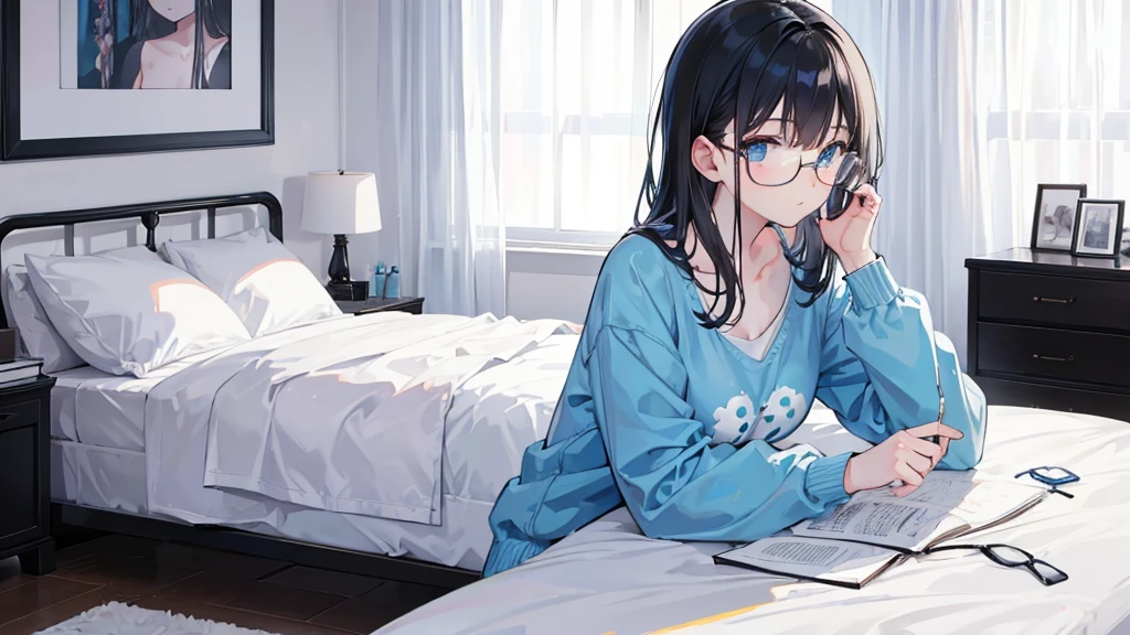 young girl, casual clothes, bedroom, light blue eyes, black hair, glasses, quiet, elegant