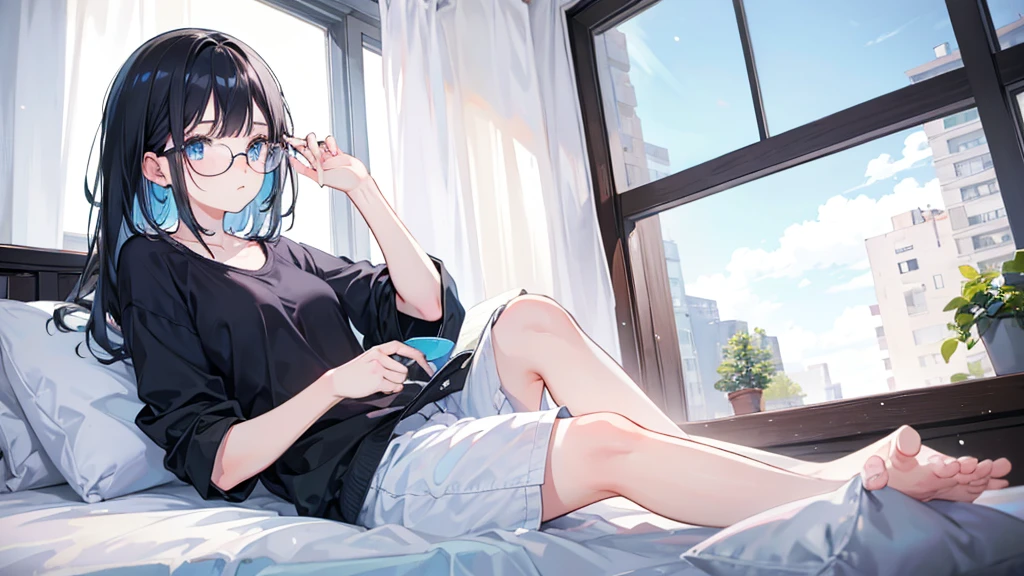 young girl, casual clothes, bedroom, light blue eyes, black hair, glasses, quiet, elegant