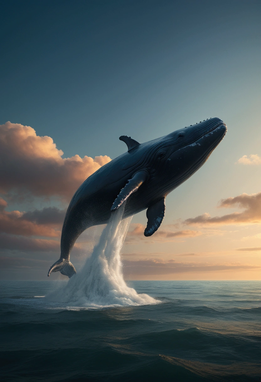 Flying Whale, full body, sky, by Michal Kváč, cinematic still, (best quality, masterpiece), very aesthetic, perfect composition, intricate details, ultra-detailed, vivid colors