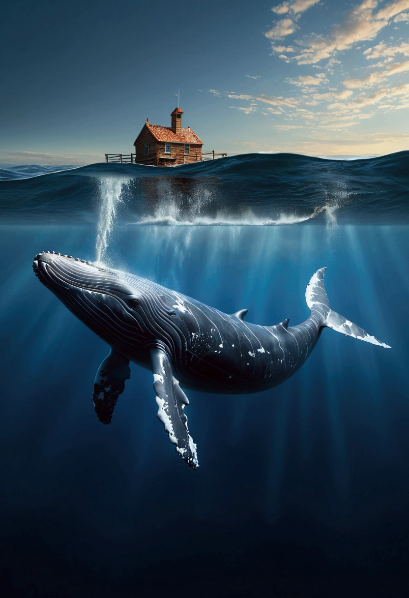 Flying Whale, full body, sky, by Michal Karcz, cinematic still, (best quality, masterpiece), very aesthetic, perfect composition, intricate details, ultra-detailed, vivid colors