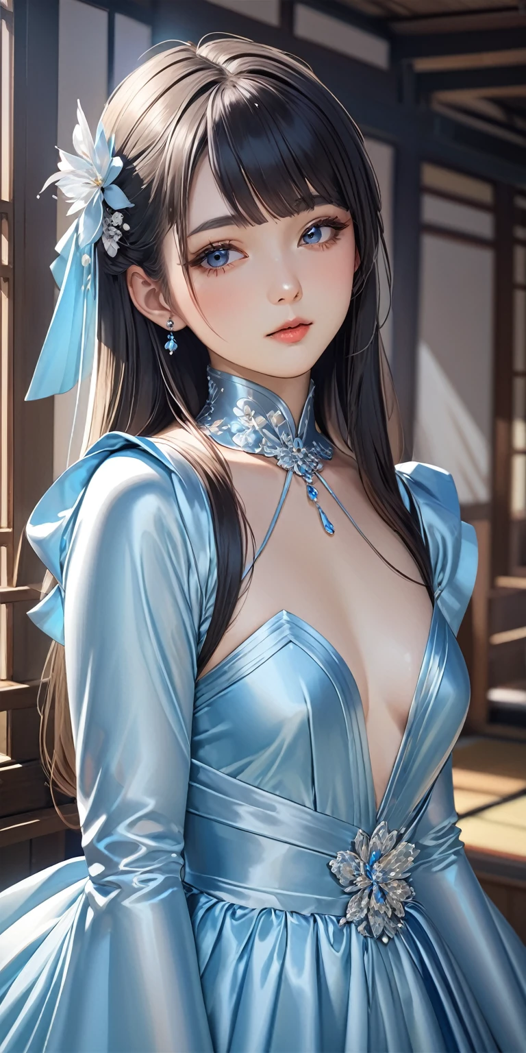 Portraiture、(masterpiece,Highest quality,Ultra-high resolution),Japanese women, (((Very beautiful 25 year old girl))),She is wearing a long-sleeved dress made of shiny light blue satin.、The dress has a simple design and doesn&#39;t reveal any bare skin.
