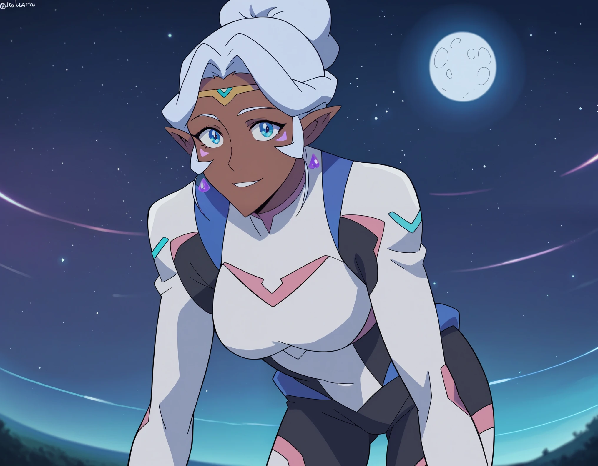 allura, blue eyes, white hair, pointy ears, dark skin, dark-skinned female, facial mark, elf, dark elf, jewelry, earrings, hair bun, bodysuit, outdoors, space, starry sky, moon, night, bent over, smile, looking at viewer, cowboy shot, solo, dutch angle,
