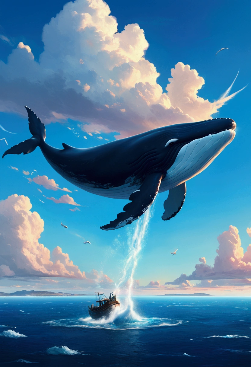 Flying Whale, full body, sky, by Michal Kváč, cinematic still, (best quality, masterpiece), very aesthetic, perfect composition, intricate details, ultra-detailed, vivid colors