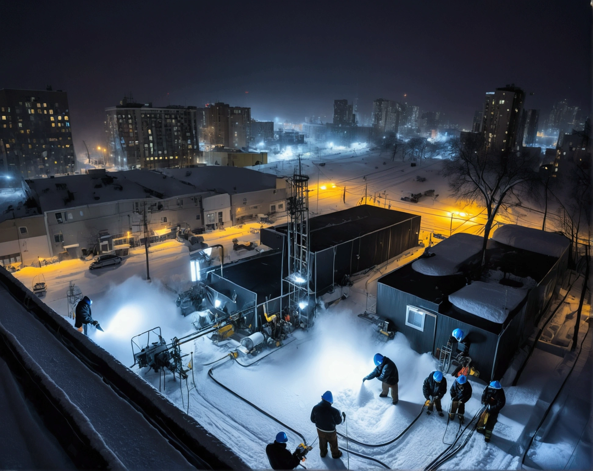 A group of Asian workers wearing blue helmets are repairing a pipeline. The background is a city street in heavy snow, with thick heating pipes (wearing a black cotton jacket: 1.5), (late night, night, night view, lighting: 1.5) (blizzard, blizzard: 1.5), welding, electric welding, (bird’s-eye view,Looking down from the sky: 1.5)