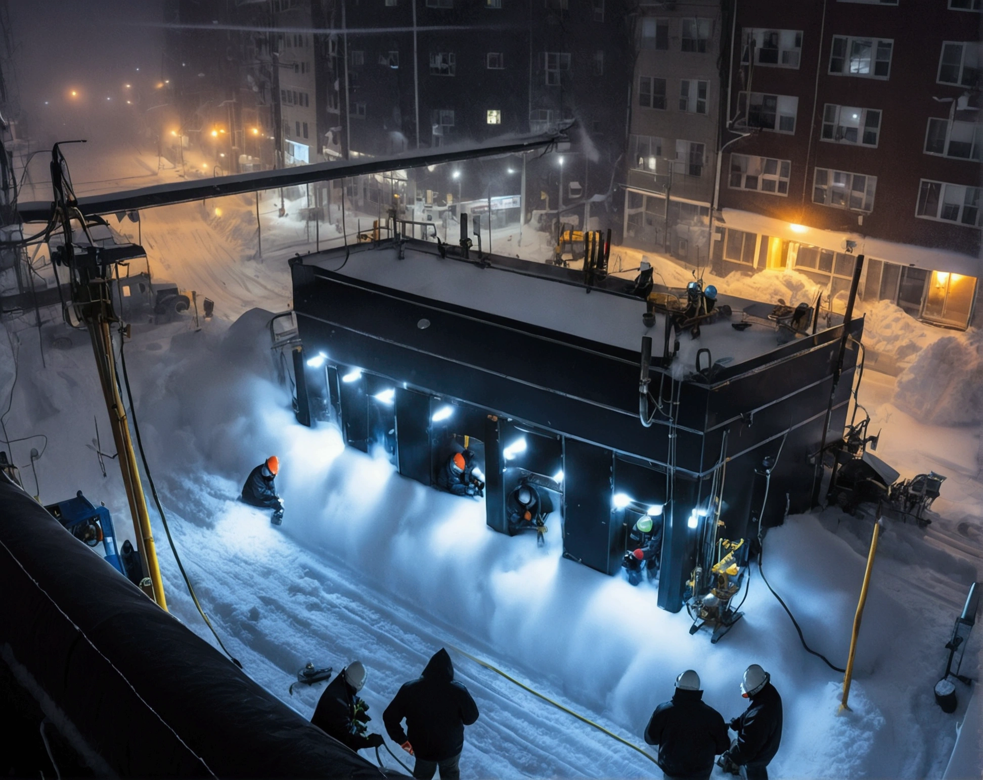 A group of Asian workers wearing blue helmets are repairing a pipeline. The background is a city street in heavy snow, with thick heating pipes (wearing a black cotton jacket: 1.5), (late night, night, night view, lighting: 1.5) (blizzard, blizzard: 1.5), welding, electric welding, (bird’s-eye view,Looking down from the sky: 1.5)