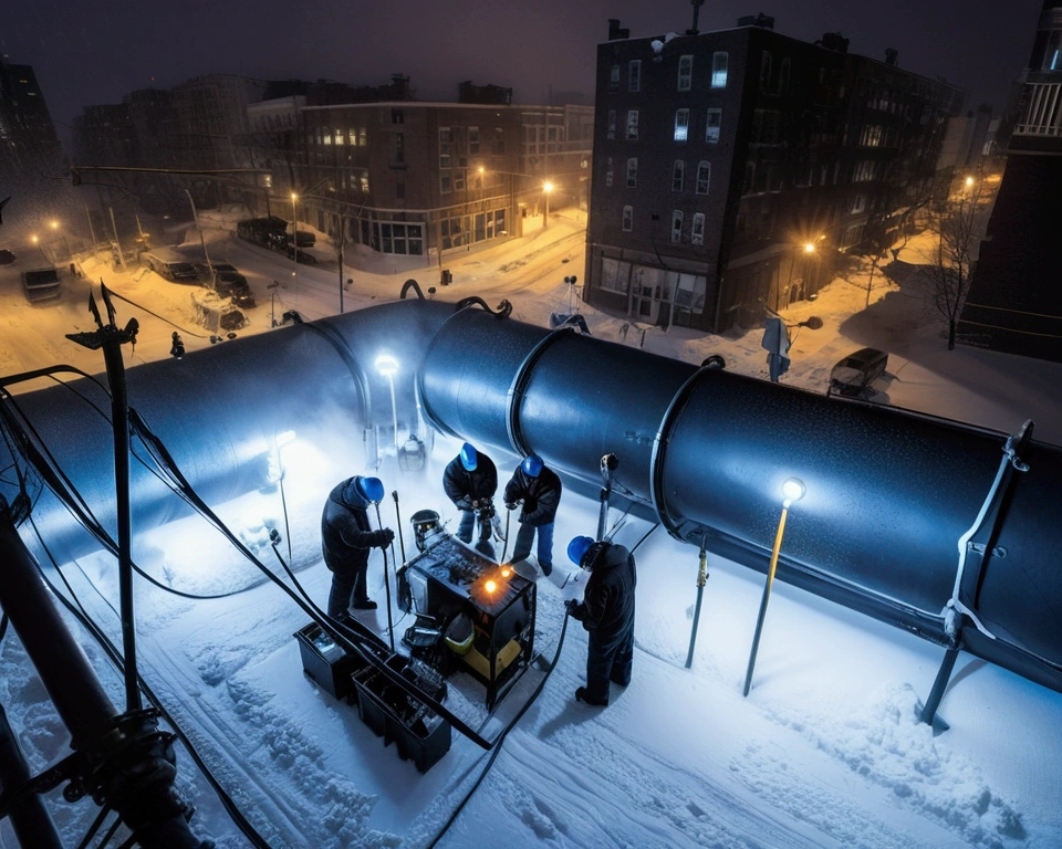 A group of Asian workers wearing blue helmets are repairing a pipeline. The background is a city street in heavy snow, with thick heating pipes (wearing a black cotton jacket: 1.5), (late night, night, night view, lighting: 1.5) (blizzard, blizzard: 1.5), welding, electric welding, (bird’s-eye view,Looking down from the sky: 1.5)