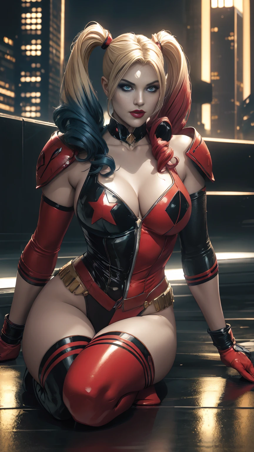 ((full-length portrait, standing, feet on the floor)) straight, looking at viewer, BREAK, cartoon_Harley Quinn, lipstick, original outfit, blue eyes, makeup, lips, red lips, Bodysuit, cleavage, heroine pose, bright, centered art, BREAK, official arts, extremely detailed CG unit wallpaper 8k, full body, looking at viewer, perfect lighting, colorful, bright facial lighting, glowing skin, standing, (masterpiece: 1.0), (best quality: 1.0), extra high resolution, 4k, ultra-detailed, photographic, 8K, HDR, high resolution, down to earth, (nonsense: 1.2), Kodak Portra 400, film grain, blurred background, ( bokeh: 1.2), lens flare, (Vibrants_Color: 1.2), professional photo of a, (pretty face: 1.5) night city background, skyscraper on the roof, exposed skin,
