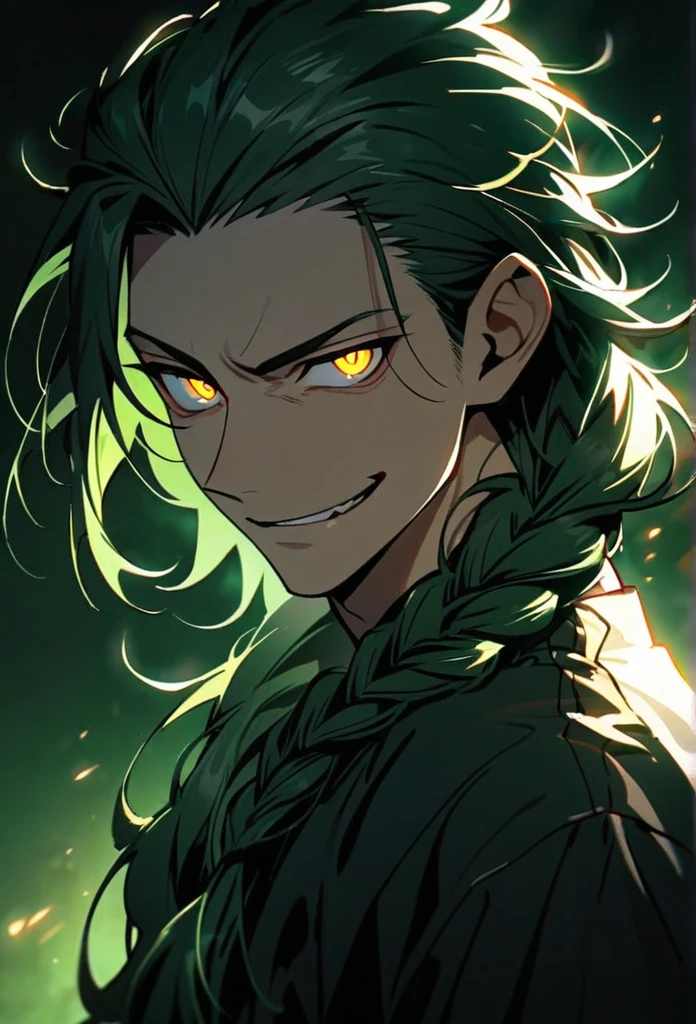 Handsome, solo, 1 man, dark green hair, yellow eyes, 1 man, handsome, male, long hair, detailed, Hair Slicked Back, Messy Hair, Hair Over Shoulder, Glowing Light, Bright Pupils, Smirk, Wide-Eyed, Evil Smile, Amber Eyes, Single Braid, lock of braided hair