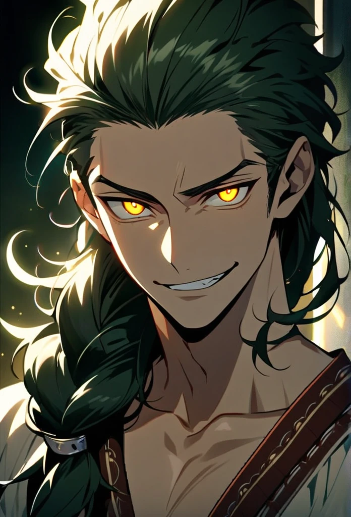 Handsome, solo, 1 man, dark green hair, yellow eyes, 1 man, handsome, male, long hair, detailed, Hair Slicked Back, Messy Hair, Hair Over Shoulder, Glowing Light, Bright Pupils, Smirk, Wide-Eyed, Evil Smile, Amber Eyes, Single Braid, lock of braided hair