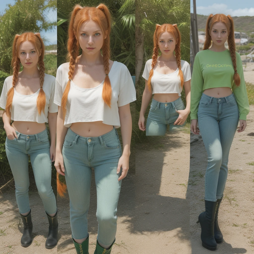 Cute catgirl, 31 years old, 5' 9" tall, flowing ginger hair in pigtails, bright gree eyes that shimmer like emeralds, fair skin, orange cropped t-shirt, green low rise jeans, black boots, jewelry, accessories, standing in front of a coastline, well lit, extremely detailed, 8k UHD