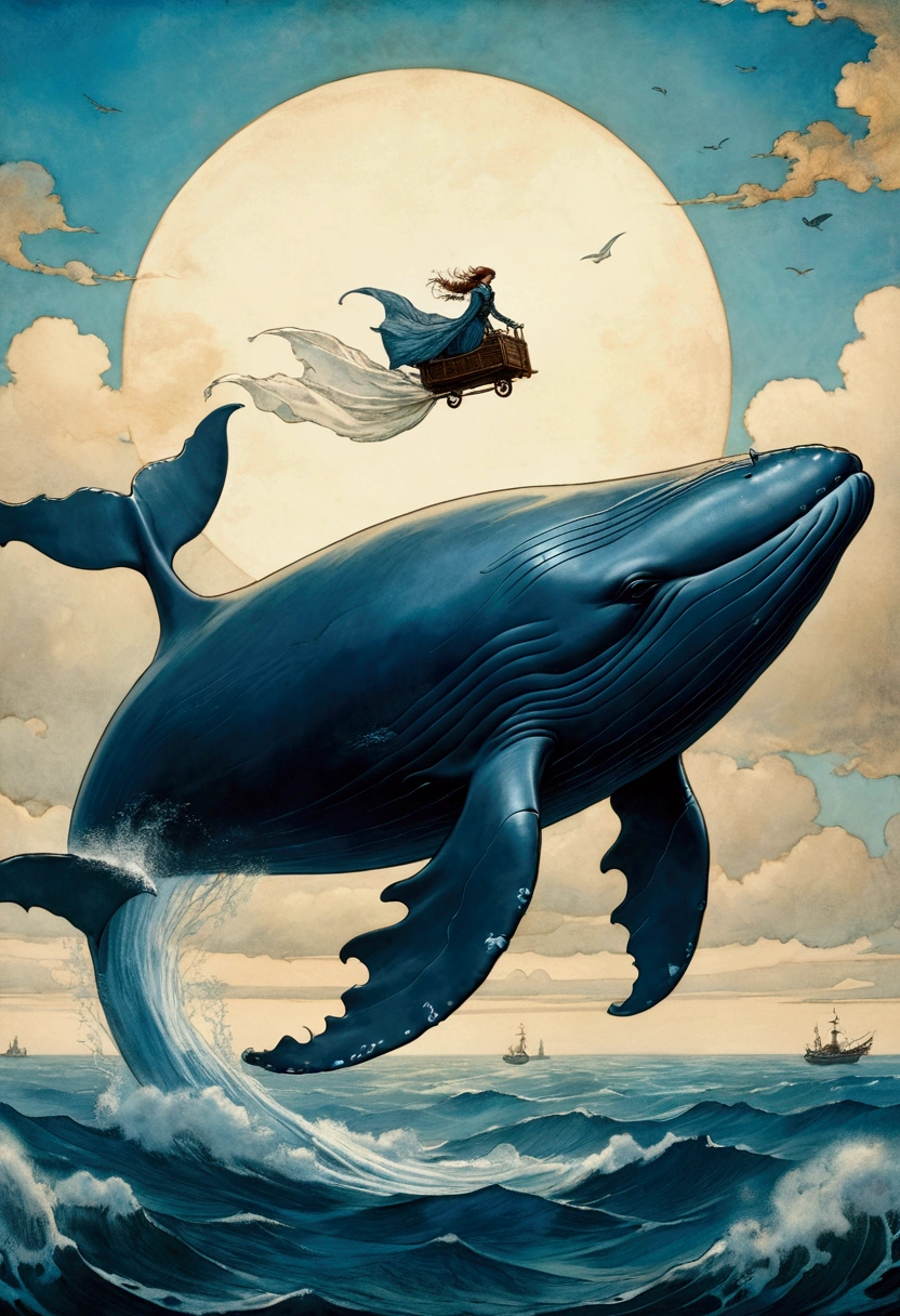 Flying Whale, full body, sky, by Michal Kváč, cinematic still, (best quality, masterpiece), very aesthetic, perfect composition, intricate details, ultra-detailed, vivid colors