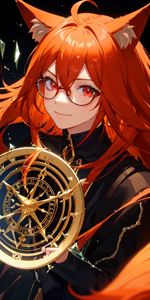 (masterpiece, best quality, ultra-detailed, best shadow), (detailed background,dark fantasy), (beautiful detailed face), high contrast, (best illumination, an extremely delicate and beautiful), ((cinematic light)), colorful, hyper detail, dramatic light, intricate details, (1 boy, solo, orange hair, smile, sharp face, stylish hair,red eyes, black glasses, fox ears, hair between eyes,dynamic angle), vines, swirling black light around the character, depth of field,black light particles,(broken glass),magic circle,