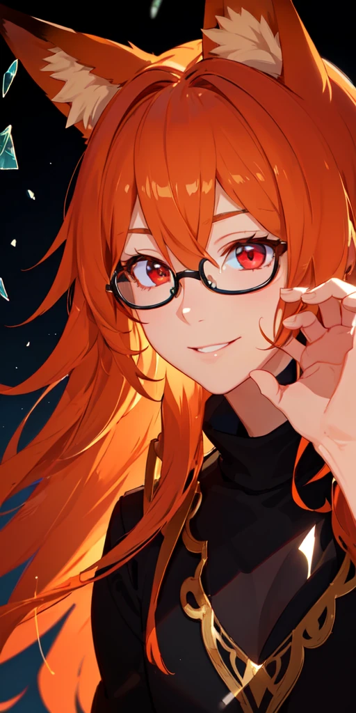 (masterpiece, best quality, ultra-detailed, best shadow), (detailed background,dark fantasy), (beautiful detailed face), high contrast, (best illumination, an extremely delicate and beautiful), ((cinematic light)), colorful, hyper detail, dramatic light, intricate details, (1 boy, solo, orange hair, smile, sharp face, stylish hair,red eyes, black glasses, fox ears, hair between eyes,dynamic angle), vines, swirling black light around the character, depth of field,black light particles,(broken glass),magic circle,