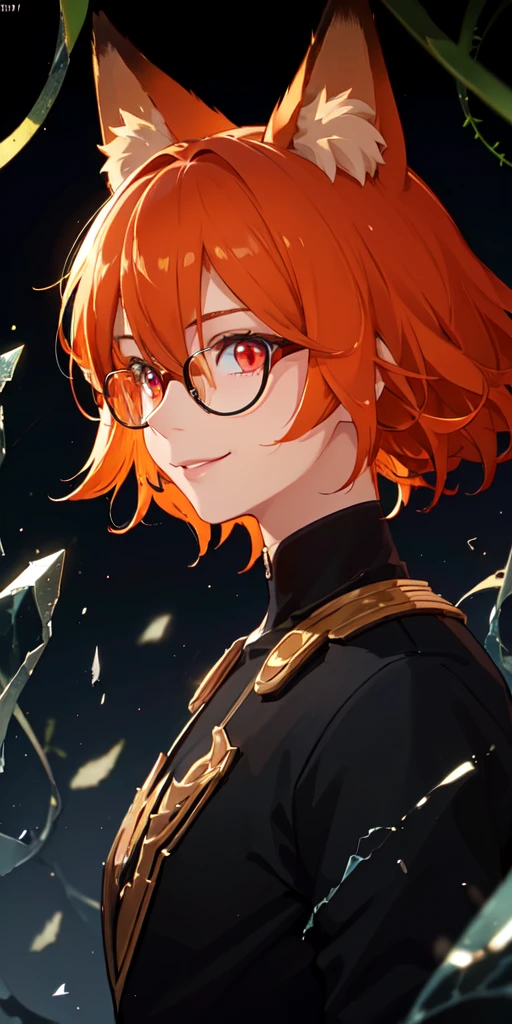 (masterpiece, best quality, ultra-detailed, best shadow), (detailed background,dark fantasy), (beautiful detailed face), high contrast, (best illumination, an extremely delicate and beautiful), ((cinematic light)), colorful, hyper detail, dramatic light, intricate details, (1 boy, solo, orange hair, smile, sharp face, stylish hair,red eyes, black glasses, fox ears, hair between eyes,dynamic angle), vines, swirling black light around the character, depth of field,black light particles,(broken glass),magic circle,