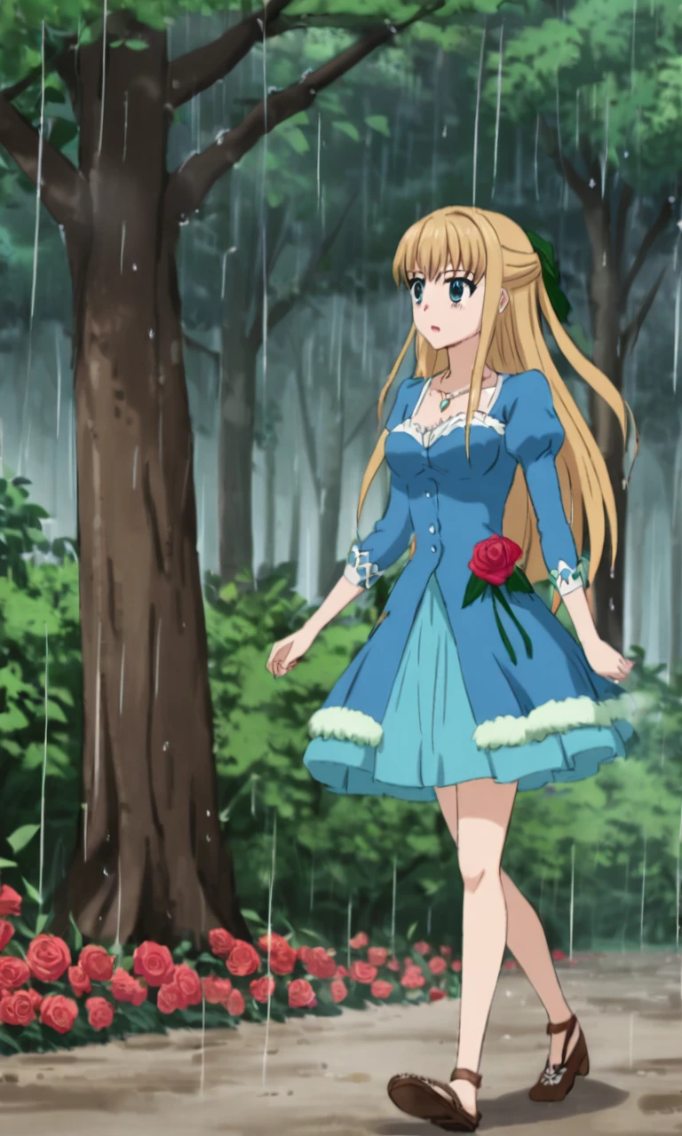 1girl, Standing, By Cecilia, Open blonde hair, Hair length,   , Red blue fluffy dress  ，Medium breasts, red roses ， Walking, forest, heavy rain 