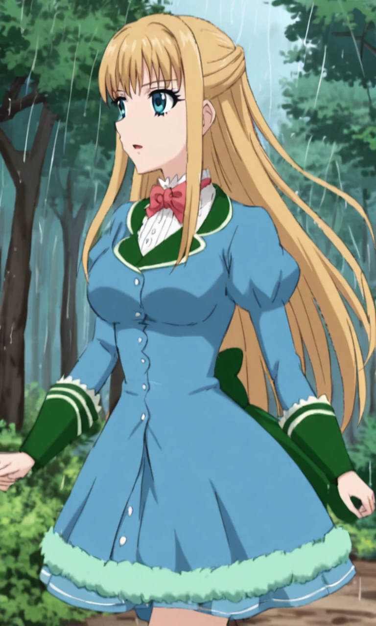 1girl, Standing, By Cecilia, Open blonde hair, Hair length, , Red blue fluffy dress ,Medium breasts, red roses , Walking, forest, heavy rain