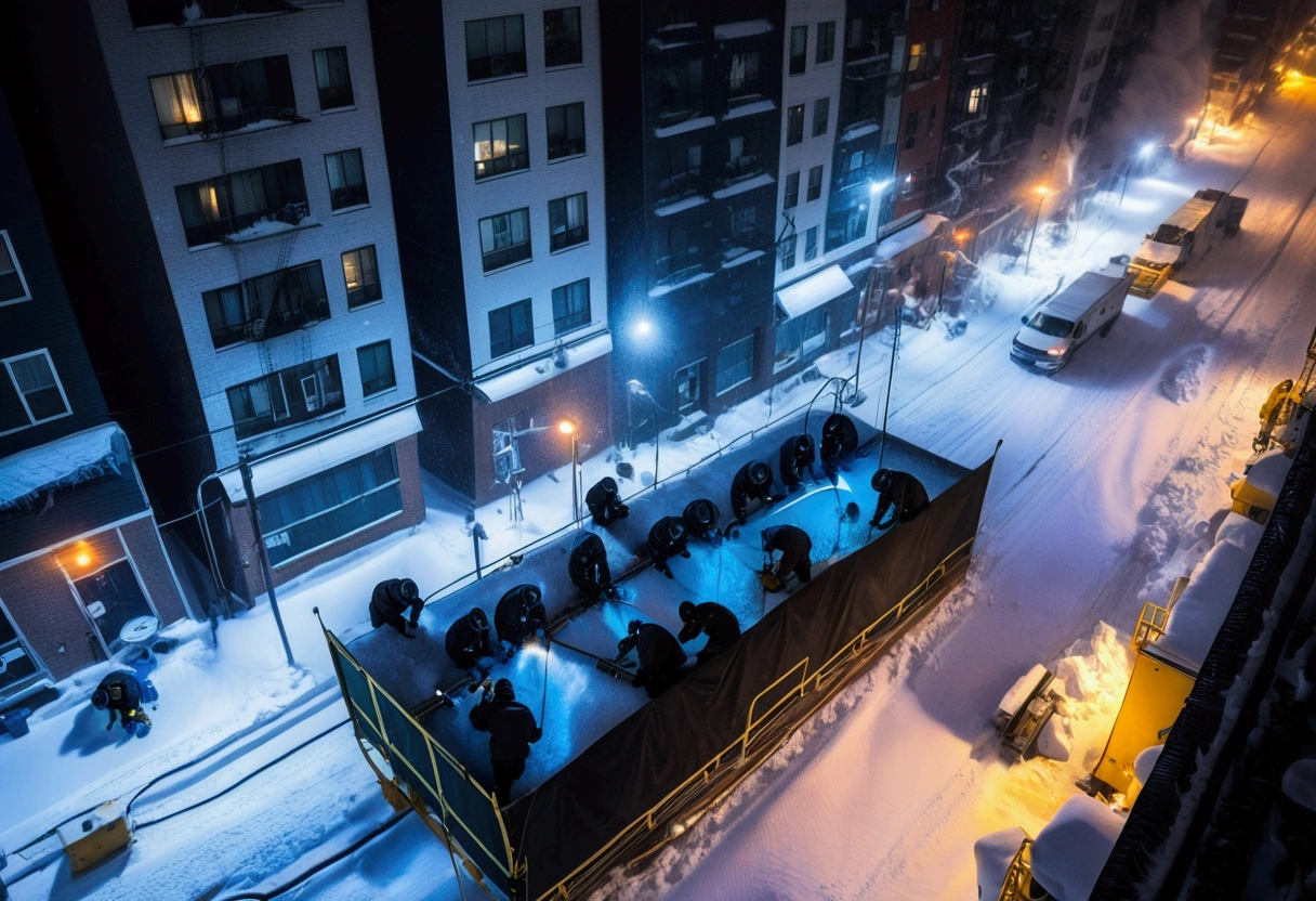 A group of Asian workers wearing blue helmets are repairing a pipeline. The background is a city street in heavy snow, with thick heating pipes (wearing a black cotton jacket: 1.5), (late night, night, night view, lighting: 1.5) (blizzard, blizzard: 1.5), welding, electric welding, (bird’s-eye view,Looking down from the sky: 1.5)