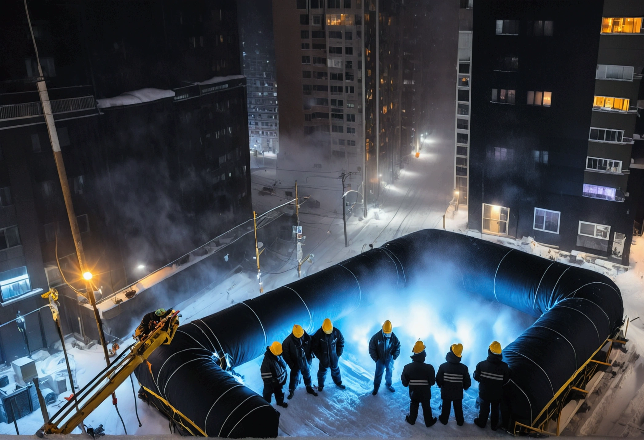 A group of Asian workers wearing blue helmets are repairing a pipeline. The background is a city street in heavy snow, with thick heating pipes (wearing a black cotton jacket: 1.5), (late night, night, night view, lighting: 1.5) (blizzard, blizzard: 1.5), welding, electric welding, (bird’s-eye view,Looking down from the sky: 1.5)