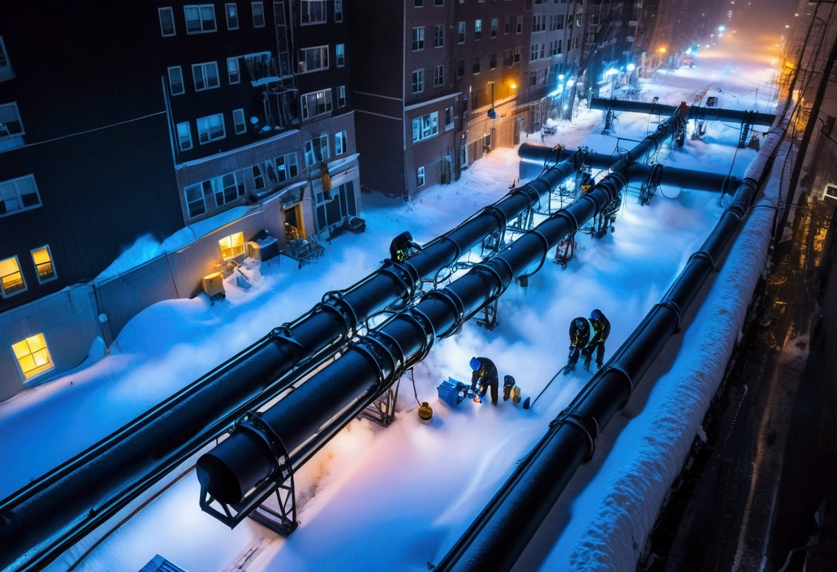 A group of Asian workers wearing blue helmets are repairing a pipeline. The background is a city street in heavy snow, with thick heating pipes (wearing a black cotton jacket: 1.5), (late night, night, night view, lighting: 1.5) (blizzard, blizzard: 1.5), welding, electric welding, (bird’s-eye view,Looking down from the sky: 1.5)