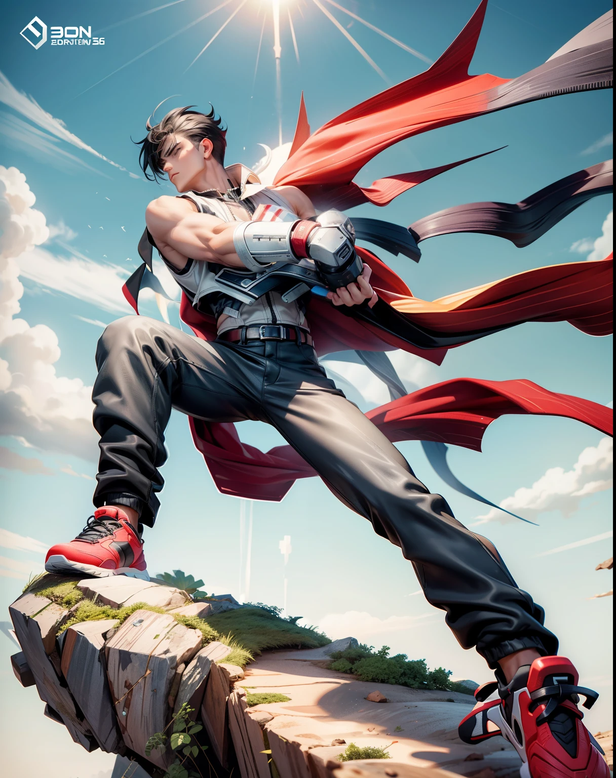 boys 26 Years old, Serious face, wearing black sleeveless shirt, black pants, black hair, levitate on sky, blue sky, cloud
