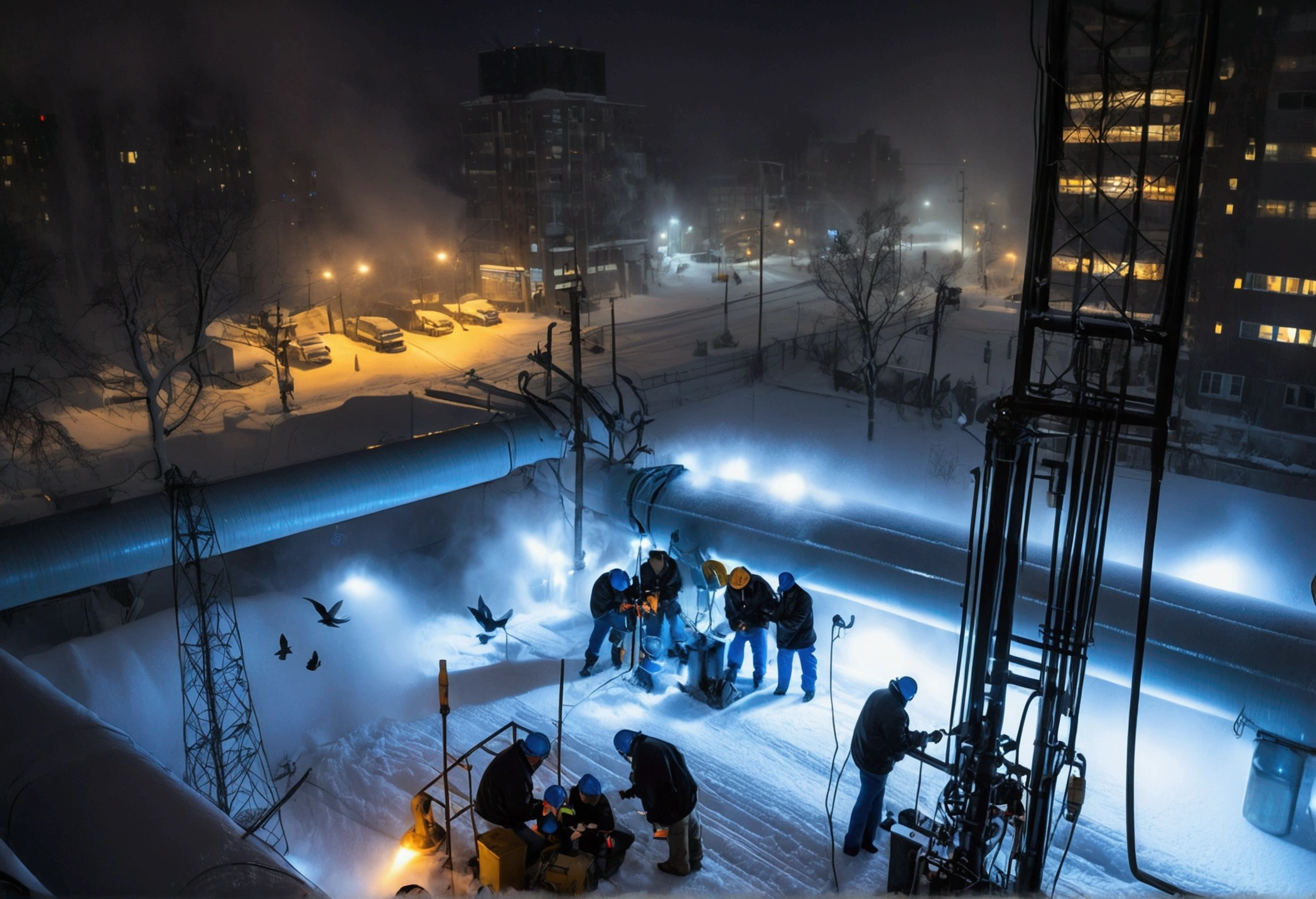 A group of Asian workers wearing blue helmets are repairing a pipeline. The background is a city street in heavy snow, with thick heating pipes (wearing a black cotton jacket: 1.5), (late night, night, night view, lighting: 1.5) (blizzard, blizzard: 1.5), welding, electric welding, (bird’s-eye view,Looking down from the sky: 1.5)