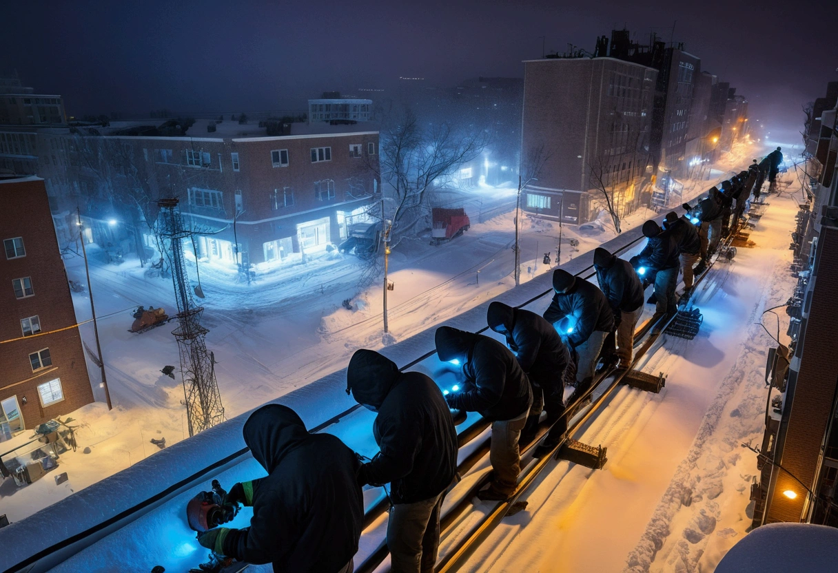 A group of Asian workers wearing blue helmets are repairing a pipeline. The background is a city street in heavy snow, with thick heating pipes (wearing a black cotton jacket: 1.5), (late night, night, night view, lighting: 1.5) (blizzard, blizzard: 1.5), welding, electric welding, (bird’s-eye view,Looking down from the sky: 1.5)