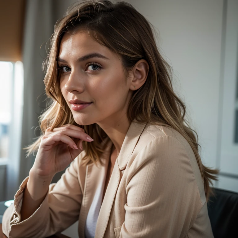 beautiful woman in a profile photo, looking to the side, emphasizing her light blonde hair, wearing a fashionable 2024 salmon blazer, sitting in a studio chair and posing for a professional hairstylist Instagram photo showcasing her blonde hair, with a healthy complexion, happy expression, satisfied with her silky hair, plain background wall, gorgeous eyes, beautiful lips, extremely detailed hair, natural lighting, dynamic pose, clean background, vibrant colors, daylight lighting, best quality, 4k, 8k, highres, masterpiece, ultra-detailed, realistic, photorealistic, photo-realistic, HDR, UHD, studio lighting, ultra-fine painting, sharp focus, physically-based rendering, extreme detail description, professional, vivid colors, bokeh, portraits, fashion, dynamic, powerful