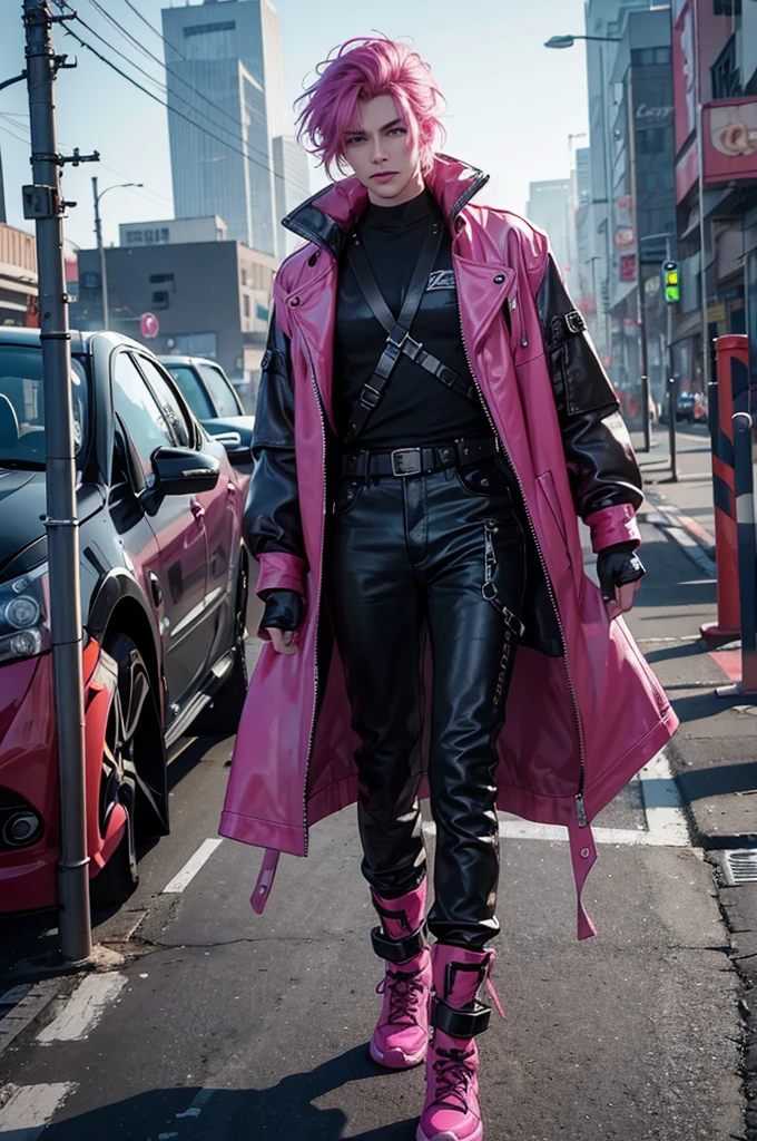 a young man, mid-length magenta hair, light green eyes, long eyelashes, flowing mascara, leather clothing, short fluorescent pink jacket, post-apocalyptic cyberpunk style, leather boots, (best quality,4k,8k,highres,masterpiece:1.2),ultra-detailed,(realistic,photorealistic,photo-realistic:1.37),cyberpunk,portrait,intricate details,dynamic lighting,dramatic shadows,vivid colors,cinematic