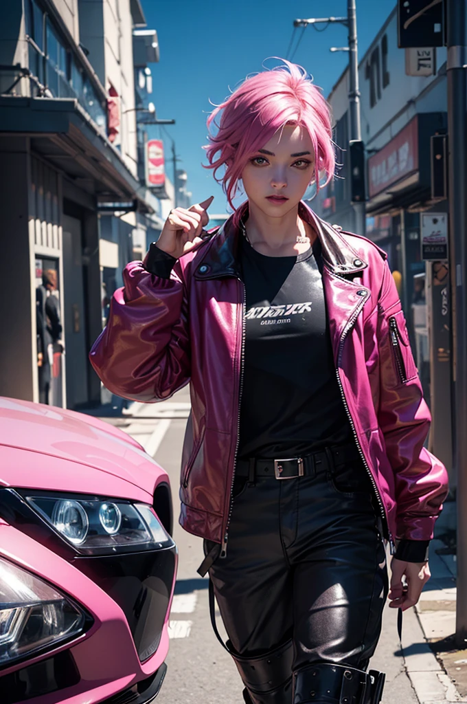a young man, mid-length magenta hair, light green eyes, long eyelashes, flowing mascara, leather clothing, short fluorescent pink jacket, post-apocalyptic cyberpunk style, leather boots, (best quality,4k,8k,highres,masterpiece:1.2),ultra-detailed,(realistic,photorealistic,photo-realistic:1.37),cyberpunk,portrait,intricate details,dynamic lighting,dramatic shadows,vivid colors,cinematic