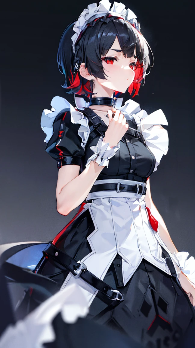 High resolution,High resolution,girl,Black Hair,short hair,Red eyes,Slanted Eyes,Bad mood,boyish,thin,Toned body,,,Maid clothes,Starry Sky,choker,,