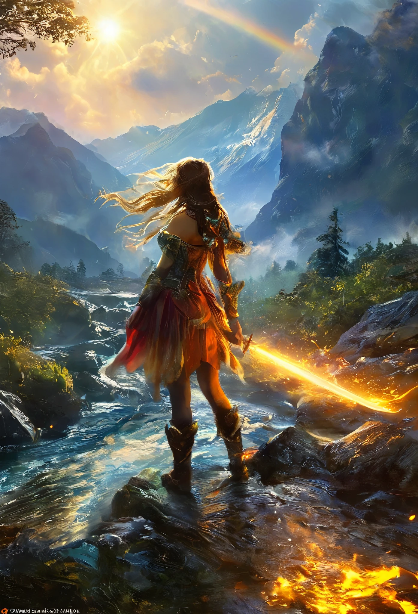 A beautiful girl is standing, Highest quality, masterpiece, Beautiful wild nature fantasy landscape with glowing lights
