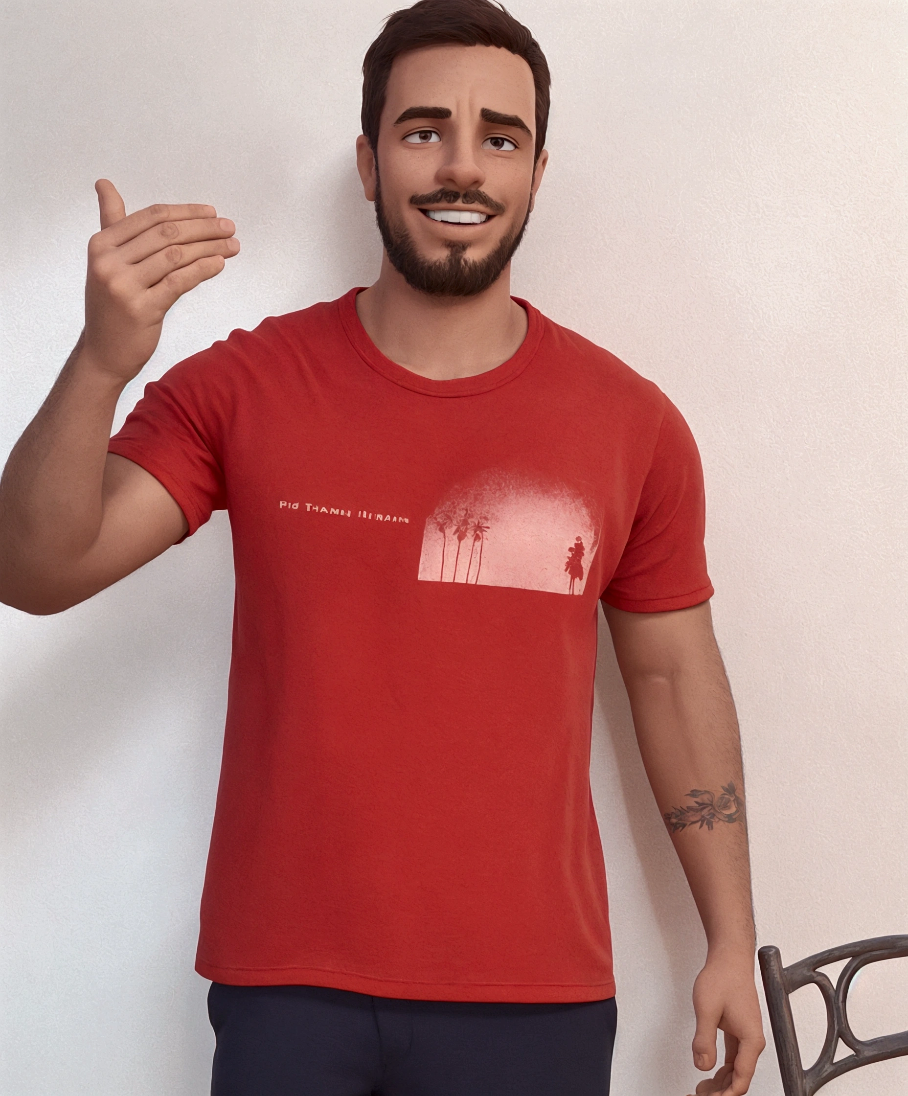 man in a red shirt is standing in front of a white wall, his palms raised