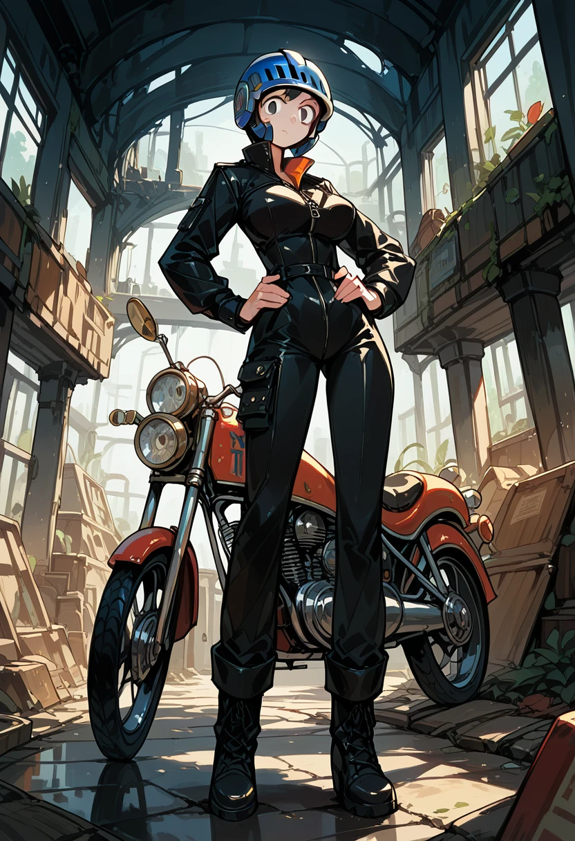 Masterpiece, best quality, Masterpiece, best quality, 1 woman , full face helmet , Motorcycle leather zipper set , abdomen, big breasts , Long legs , boots , hands on hips , abandoned factory , at night