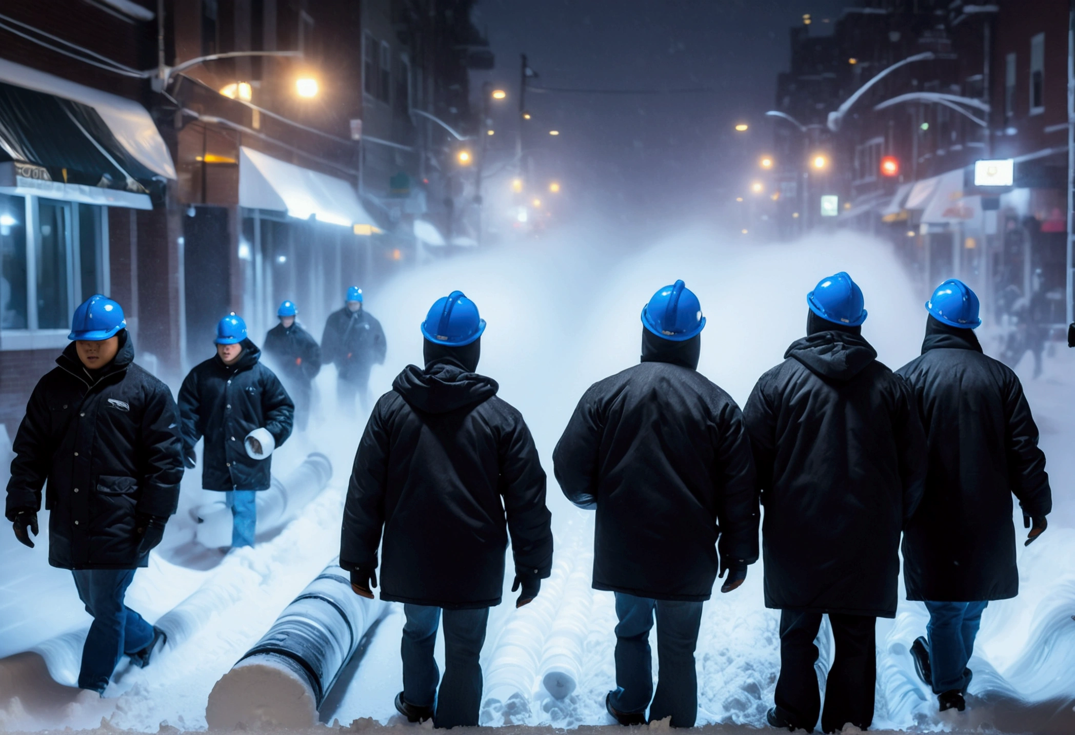 A group of Asian workers wearing blue helmets were walking on the street pulling a pipeline. The background is a city street in heavy snow, with thick heating pipes (wearing a black cotton jacket: 1.5), (late night, night, night view, lighting: 1.5) (blizzard, blizzard: 1.5), (bird's-eye view, overhead: 1.5)